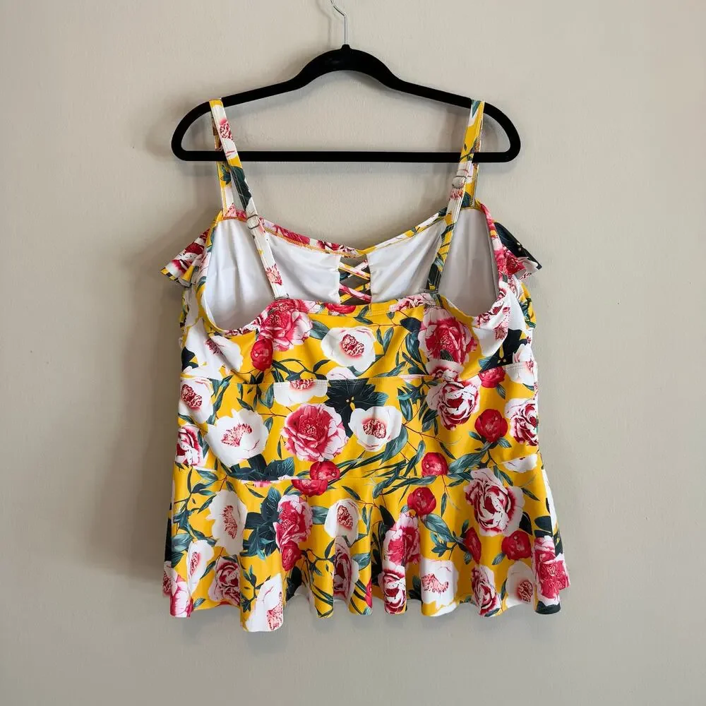 Womens‎ Yellow Floral Print Ruffle High Waist Bikini Set Swimwear 3XL